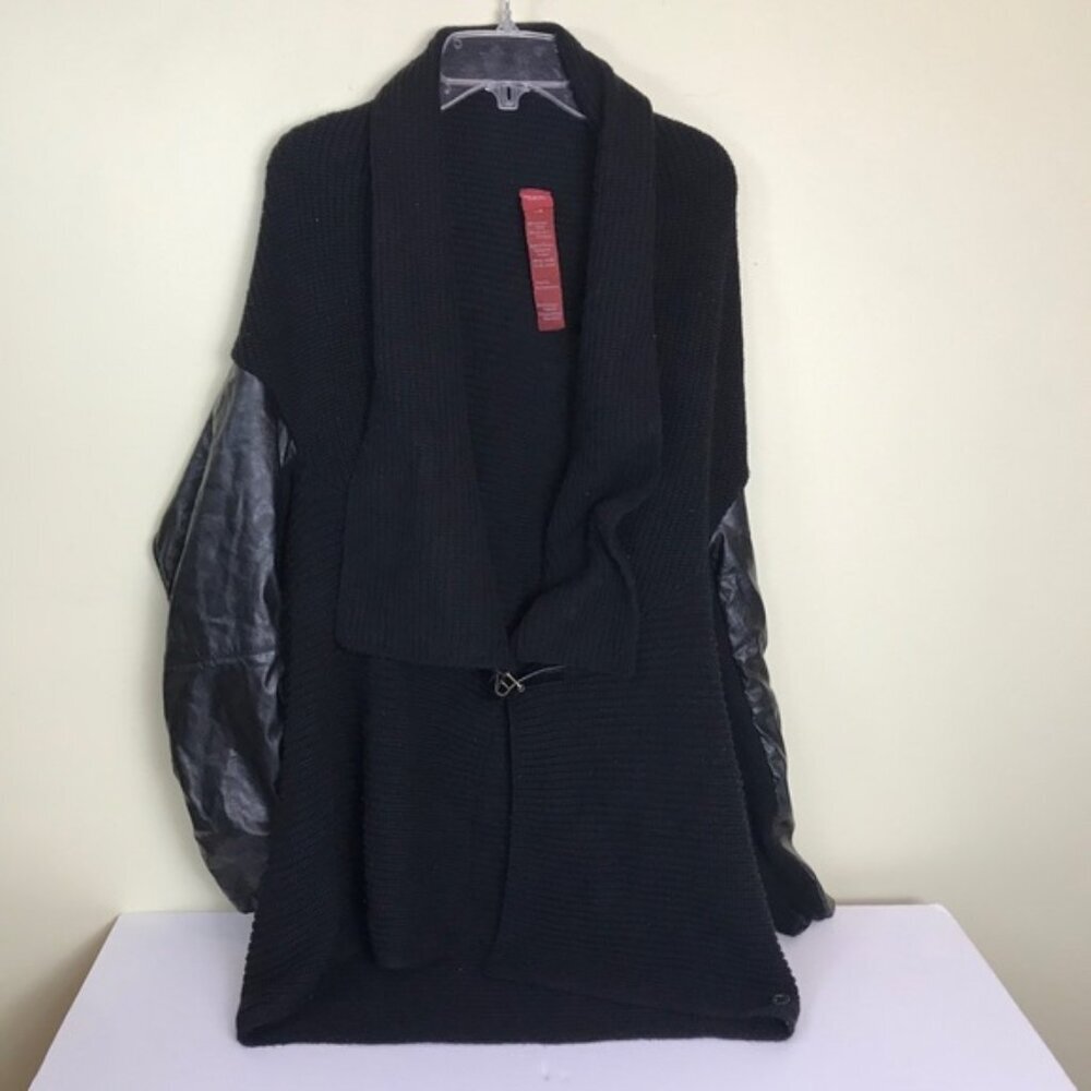 Olsen Open Cotton Leather Faux Cardigan Jacket Sweater Buckle Knit Ribbed Knit L